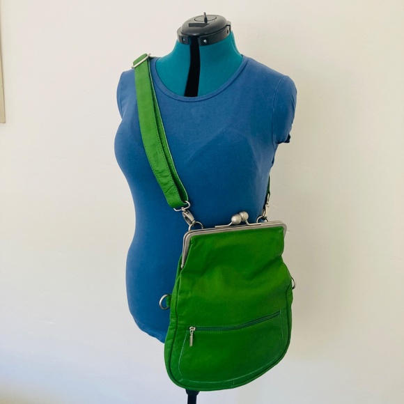 Sticks and Stones Amsterdam Green Leather Red Interior Crossbody Bag Multi Clips - Picture 3 of 16